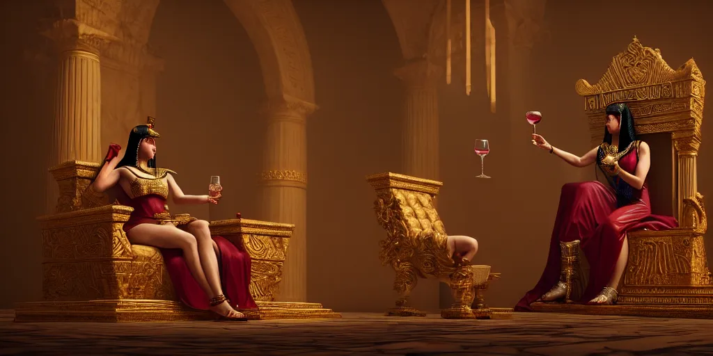 Prompt: painting of Cleopatra drinking wine on her throne, hyper-realistic, Unreal Engine, Octane Render, digital art, trending on Artstation, 8k, detailed, atmospheric, immaculate