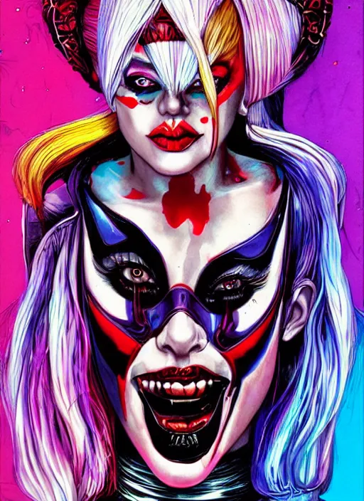 Image similar to beautiful lady gaga as harley quinn, horror, high details, bright colors, vivid, intricate details, by vincent di fate, artgerm julie bell beeple, 1 9 8 0 s, inking, vintage 8 0 s print, screen print