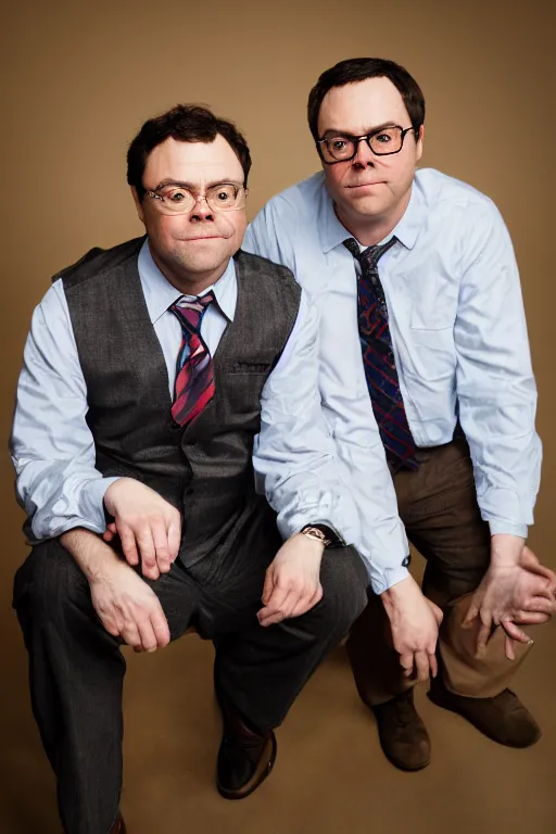 Image similar to portrait photo of dwight schrute and joe lo truglio, close up, high quality, studio lighting, sigma 8 5 mm f / 1. 4