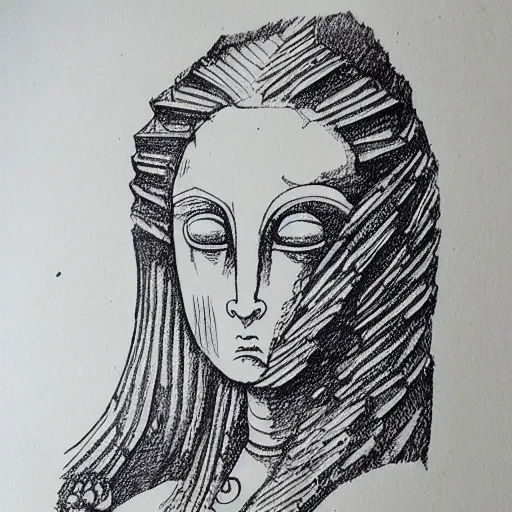 Image similar to an ink drawing of da vinci style white tragedy mask