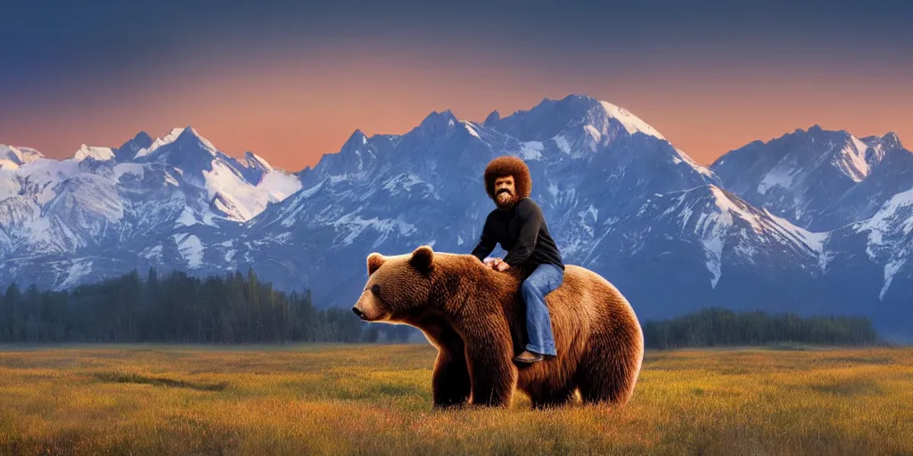 Image similar to bob ross riding on the back of a brown bear in alaska at fall season, outdoor, volumetric lighting, hyperrealistic, shutterstock contest winner, national geographic photo, stockphoto, majestic