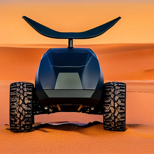 Prompt: turtle shaped peaceful mobile biomimetic rugged anemometer station sensor antenna on all terrain tank wheels, for monitoring the australian desert, XF IQ4, 150MP, 50mm, F1.4, ISO 200, 1/160s, dawn, golden ratio, rule of thirds