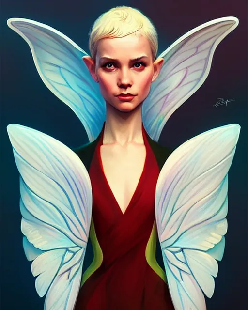 Image similar to portrait of a pixie with wings, digital painting, artstation, concept art, smooth, sharp focus, illustration, art by disney, symmetry face, fine details. art by alex ross, brittney lee