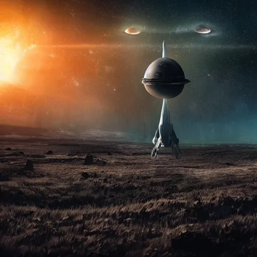 Prompt: interstellar spaceship approaching the remains of a long lost alien civilization near the galactic core, cinematic, dramatic lighting, realistic