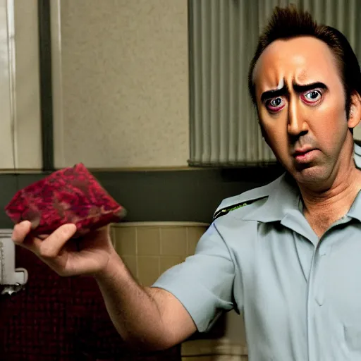 Image similar to nic cage but he is playing the hamburgler, movie still, hd digital photography