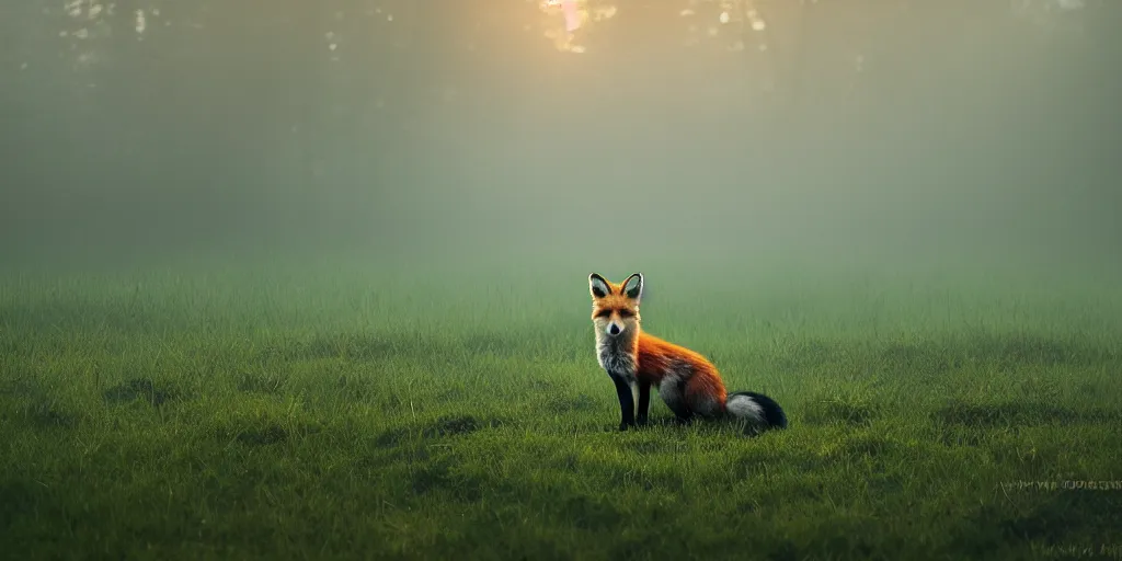 Prompt: Lone fox sitting near idyllic pond, meadow, blanket of fog, rain, volumetric lighting, beautiful, golden hour, sharp focus, ultra detailed, cgsociety