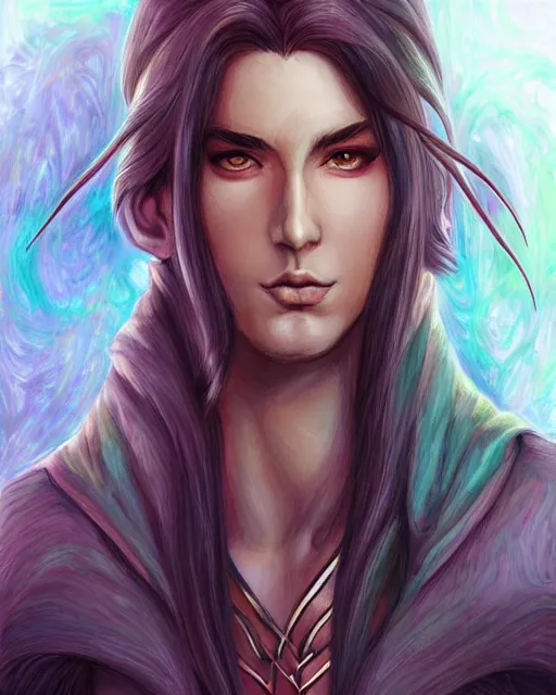 Image similar to multicolor drawing of elven boy mage with long black hair by artgerm city fantasy 4 k ultra high resolution