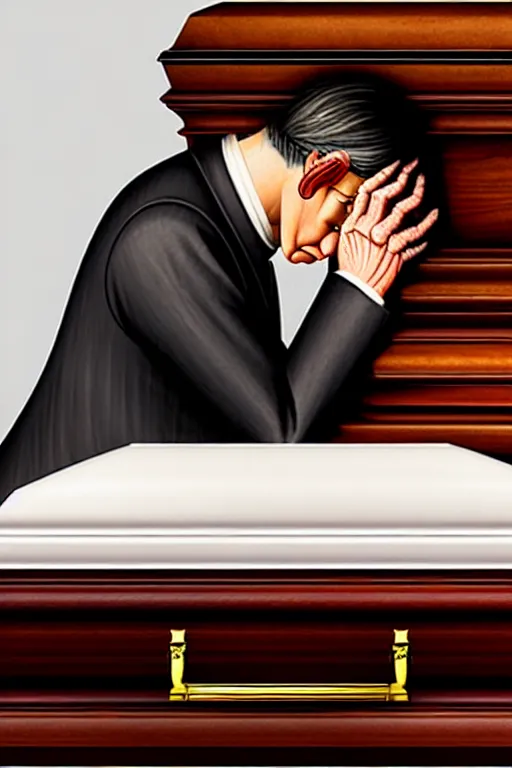 Prompt: a sad man mourning over a casket by sydney prior hall and alfred stevens and sherree valentine daines and norman rockwell, casket, mahogany wood, grey cloth, highly detailed, deep shadows, accurate face, hyperrealism