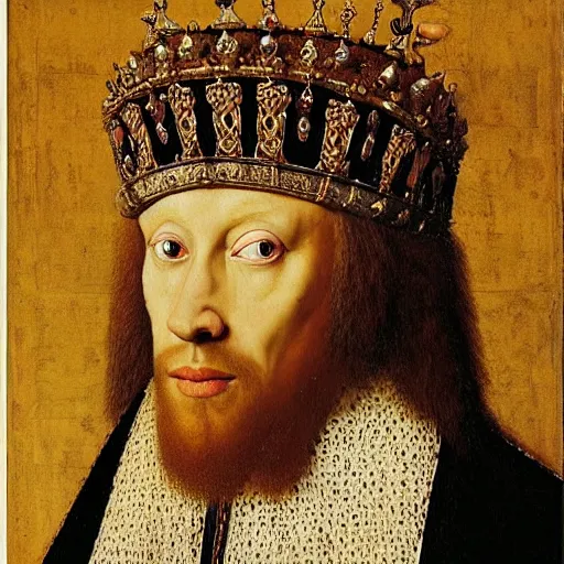 Image similar to portrait of a king with a lions head for a head, oil painting by jan van eyck, northern renaissance art, oil on canvas, wet - on - wet technique, realistic, expressive emotions, intricate textures, illusionistic detail