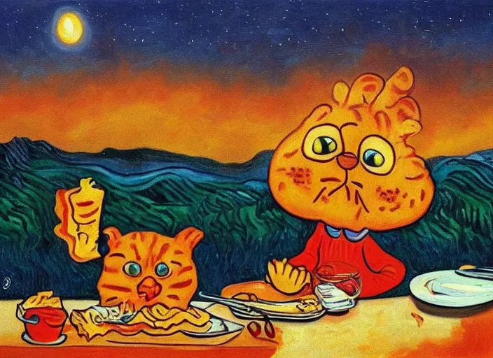 Prompt: detailed realistic surrealist painting of garfield eating lasagna at dusk, in the style of vincent van gogh and salvador dali and wayne barlowe