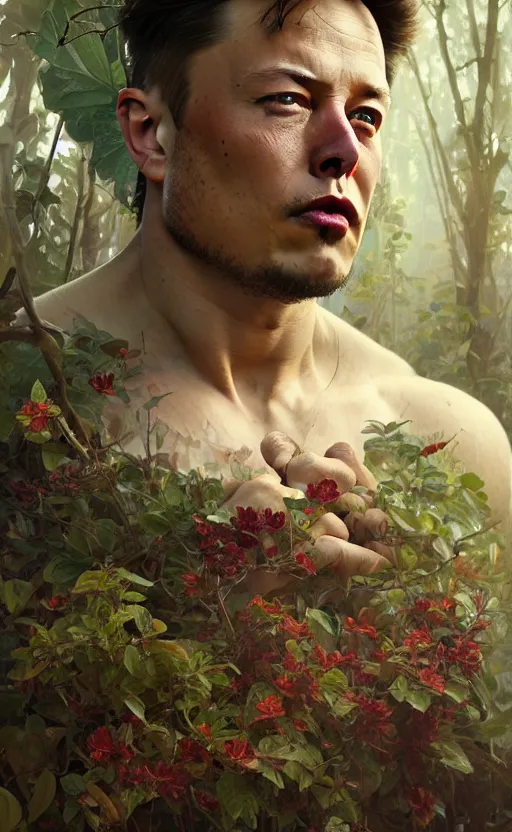 Image similar to elon musk god of the forest, 3 0 years old, rugged, male, gorgeous, detailed face, ottoman, amazing, thighs, flowers, muscular, intricate, highly detailed, digital painting, artstation, concept art, sharp focus, illustration, art by greg rutkowski and alphonse mucha