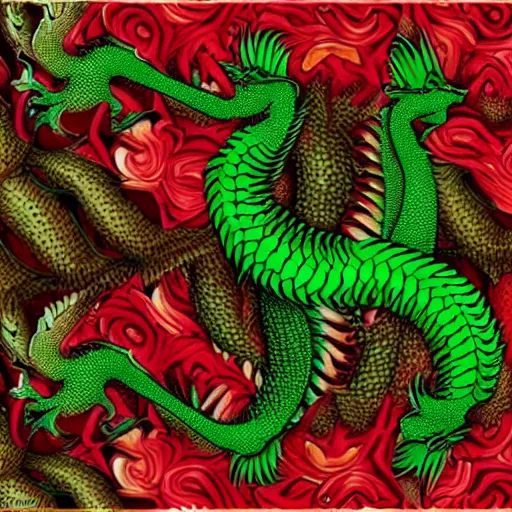 Image similar to rhaegal, green dragon, surrounded by rosebuds in fractal patterns