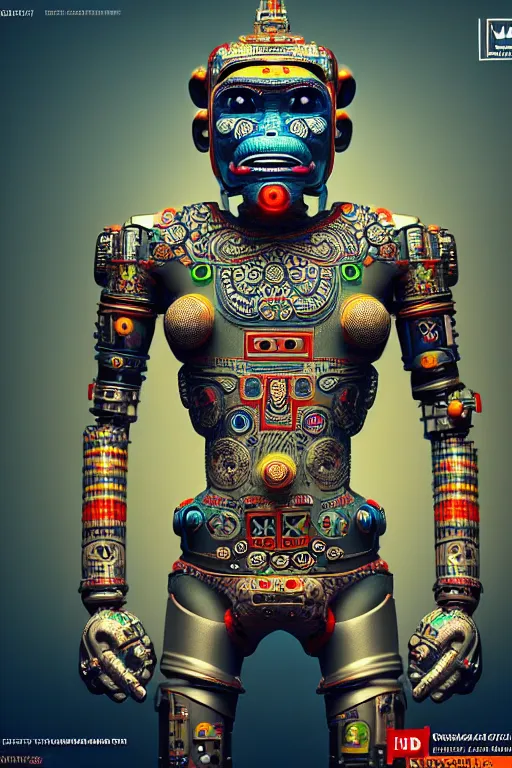 Image similar to high quality 3 d render happy cyborg! man monkey hybrid madhubani, highly detailed, cyberpunk!! mumbai in the background, unreal engine cinematic smooth, szukalski ravi varma, moody light, low angle, uhd 8 k, sharp focus