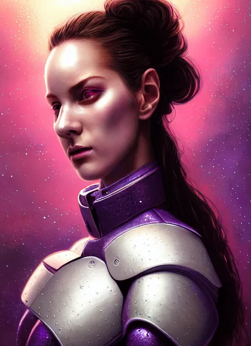 Prompt: top down lighting, extreme close up, stunning portrait of a woman in purple leather future armor with a long black ponytail, white eyes, with space and stars around her, spaceship hallway, intricate, mood lighting, highly detailed, digital painting, artstation, concept art, smooth, sharp focus, illustration, art by wlop, mars ravelo and greg rutkowski