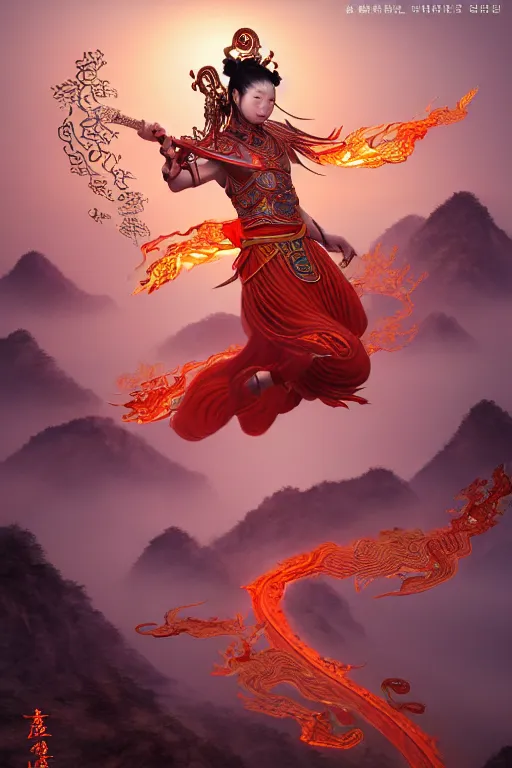 Image similar to nezha flies around swiftly on his wind flame circles in ruin chinese city, masterpiece, chinese mythology, top view, cinematic, fantasy character portrait, highly detailed, by new gods : nezha reborn, nezha : birth of the demon child, ne zha from smite, trending on artstation, concept art, flame everywhere,