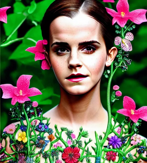 Prompt: emma watson colour vibrant style photography of highly detailed female figure with beautiful face and wearing detailed biotech plants designed by alessandro michele also wearing highly detailed metal flowers in the style of botanical research.