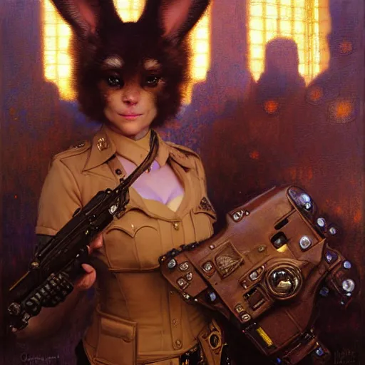 Prompt: portrait of a female furry bunny face in a police uniform. shadowrun furaffiniy cyberpunk fantasy highly detailed painting by gaston bussiere craig mullins jc leyendecker gustav klimt artgerm greg rutkowski john berkey, bergey, craig mullins, ruan jia, raymond swanland, jeremy mann, tom lovell, alex malveda