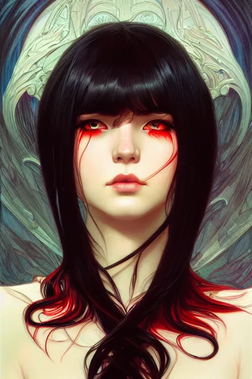 Image similar to a beautiful girl with long black hair and bangs, red eyes, fantasy, portrait, sharp focus, intricate, elegant, digital painting, artstation, matte, highly detailed, concept art, illustration, ambient lighting, art by ilya kuvshinov, artgerm, Alphonse mucha, and Greg Rutkowski