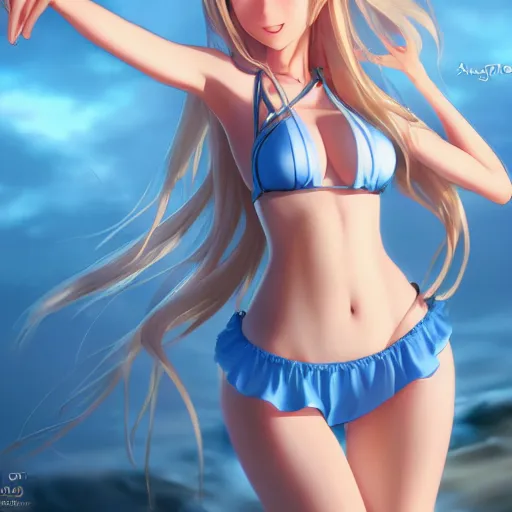 Image similar to a very beautiful mature yuuki asuna, full body, long wavy blond hair, sky blue eyes, full round face, bikini, miniskirt, front view, mid - shot, cute pose, highly detailed, cinematic wallpaper by stanley artgerm lau