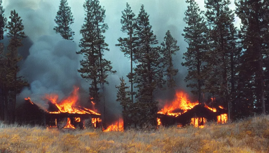 Prompt: 1 9 7 0 s movie still of a heavy burning house on a mountain with pine forest, cinestill 8 0 0 t 3 5 mm, high quality, heavy grain, high detail, texture, dramatic light, ultra wide lens, panoramic anamorphic, hyperrealistic