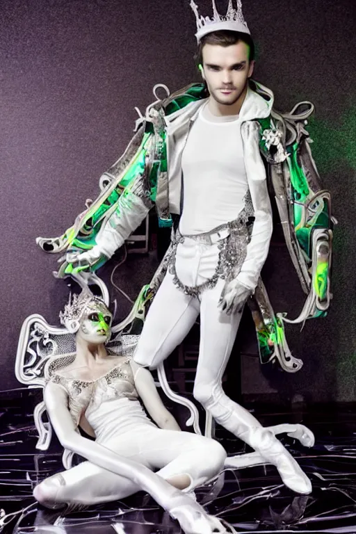 Image similar to full-body rococo and cyberpunk style neon statue of a muscular attractive Liam Payne macho dotado e rico android sim roupa reclining con las piernas abertas e la piroca dura, glowing white lasers, glowing eyes, silver prince crown, silver steampunk gears, white diamonds, swirling mint-colored silk fabric. futuristic elements. ethereal white dripping tar. full-length view. space robots. human skulls. intricate artwork by caravaggio. Trending on artstation, octane render, cinematic lighting from the right, hyper realism, octane render, 8k, depth of field, 3D