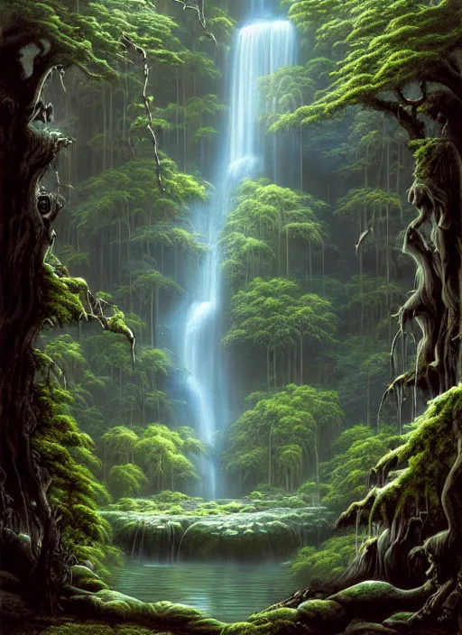 Image similar to a painting of a waterfall in a forest, a detailed matte painting by todd lockwood, deviantart, fantasy art, matte painting, matte drawing, airbrush art