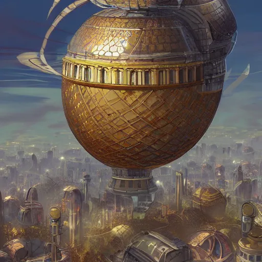 Image similar to enormous flying city!! in a gigantic faberge egg, sky!!!, steampunk, aetherpunk, skydocks, fantasy art, unreal engine,