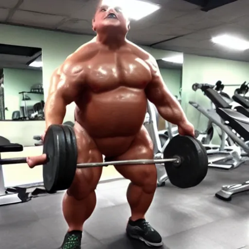 Image similar to muscular tardigrade at the gym, fat and strong, multiple arms lift many weights