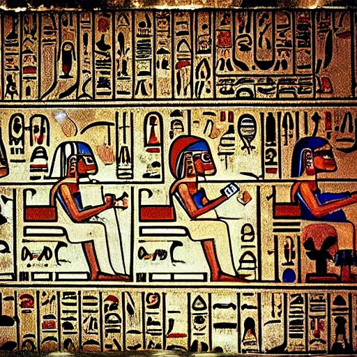 Image similar to people inside an egyptian hieroglyph using an iphone, technology, phone, egyptian, national geographic, polaroid picture