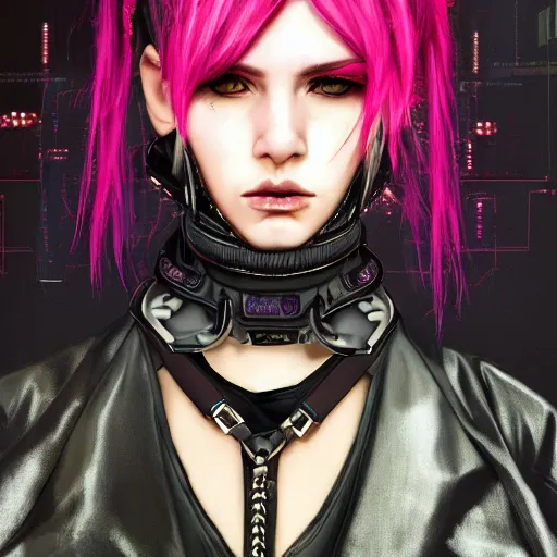 Image similar to detailed realistic cyberpunk female character cyberpunk wearing steel collar around neck, realistic, art, beautiful, 4K, collar, choker, collar around neck, punk, artstation, detailed, female, woman, choker, cyberpunk, neon, punk, collar, choker, collar around neck, thick collar, choker around neck, wearing choker, wearing collar, bright neon punk hair,