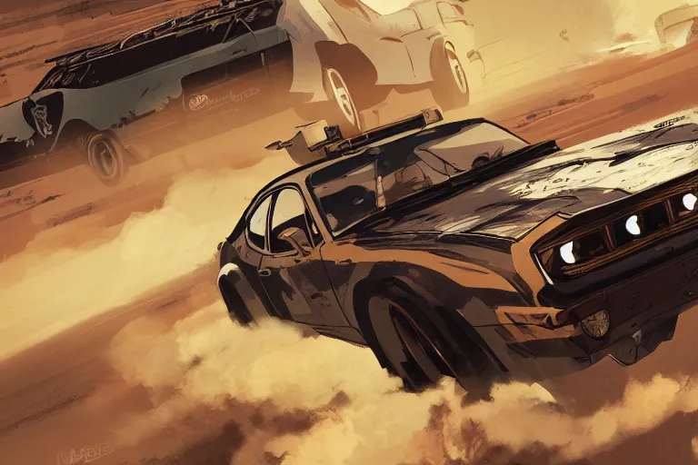 Prompt: digital illustration of mad max's maverick pursuit special, by makoto shinkai, ilya kuvshinov, lois van baarle, rossdraws, basquiat