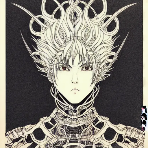 Prompt: prompt: one human Fragile looking character portrait face drawn by Takato Yamamoto, Human inside modernistic looking armor with wild hairstyle, inspired by Evangeleon, clean ink detailed line drawing, intricate detail, manga 1980, poster composition