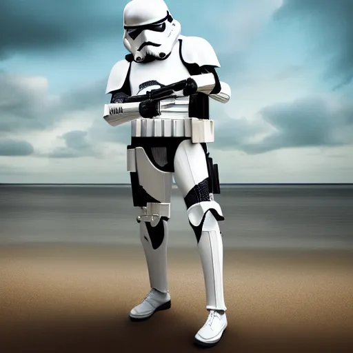 Image similar to An Imperial Stormtrooper dressed as a CEO holding a pencil in a bungalow on the beach, Digital art