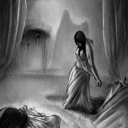 Image similar to a woman is lying in bed, asleep. suddenly, she wakes up to find a dark figure standing over her. it's a demon, come to take her soul! the woman screams and tries to run, but the demon is too fast. it catches her and drags her into the underworld, where she will be tortured for eternity.