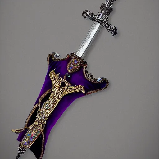 Prompt: hyperrealistic photograph! of a royal silver!! claymore sword, ornate with rubies and amethysts!!!!, crusade style