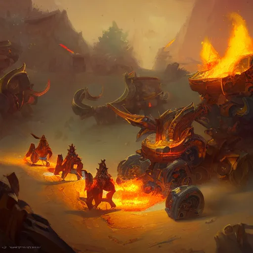 Image similar to a fiery catapult cart wheels chariots, yellow battlefield theme, bright art masterpiece artstation. 8 k, sharp high quality artwork in style of jose daniel cabrera pena and greg rutkowski, concept art by tooth wu, blizzard warcraft artwork, hearthstone card game artwork, cart wheels