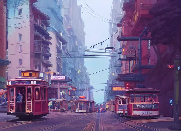 Image similar to a cable car is flying on the street of san francisco, unreal engine, fantasy art by greg, loish, rhads, ferdinand knab, tom bagshaw, makoto shinkai and lois van baarle, rossdraws, ilya kuvshinov, night lighting, trending on studio ghibli, highly detailed, 8 k, octane render