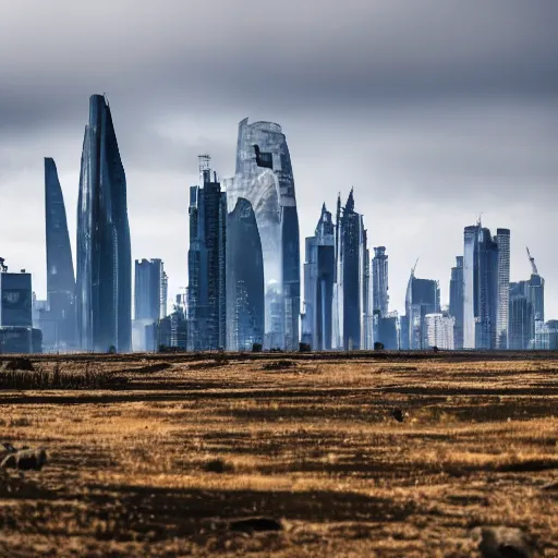 Image similar to Giant futuristic megacity towering across the landscape, post apocalyptic, EOS-1D, f/16, ISO 200, 1/160s, 8K, unedited, symmetrical balance, in-frame