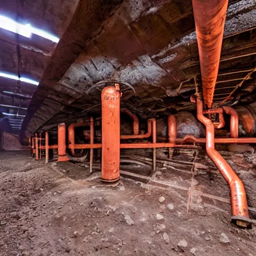 Image similar to underground copper mine, rusty pipes, high ceiling