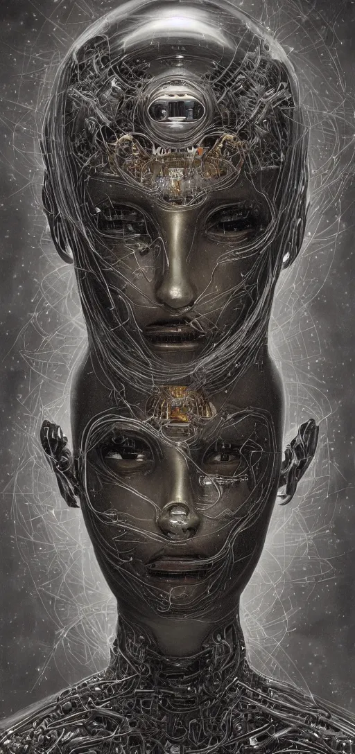 Image similar to female robot pilot, mechanical creature, electronic wires relays computer nerves, girl face, dystopian surrealism, alex ries zdzisław beksinski giger, very intricate details, demon chinese female, deep luminous eyes contain galaxies, head contains nebula, deep aesthetic, concept art, carved silver circuits diodes resistors semiconductors, highly ornate