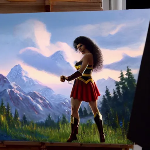 Image similar to a closeup photorealistic photograph of bob ross working on a canvas painting of wonder woman. film still. brightly lit scene. mountains and trees. this 4 k hd image is trending on artstation, featured on behance, well - rendered, extra crisp, features intricate detail, epic composition and the style of unreal engine.