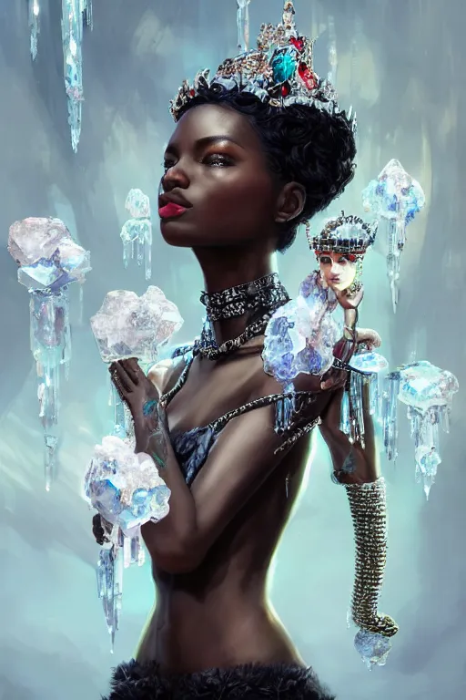 Image similar to beautiful black model wearing crystal crown full of jewels, cyberpunk, 3 d render, hyper realistic detailed portrait, holding ice flowers, scifi, fantasy, hyper detailed, octane render, concept art, peter mohrbacher, artgerm, ruan jia, wlop