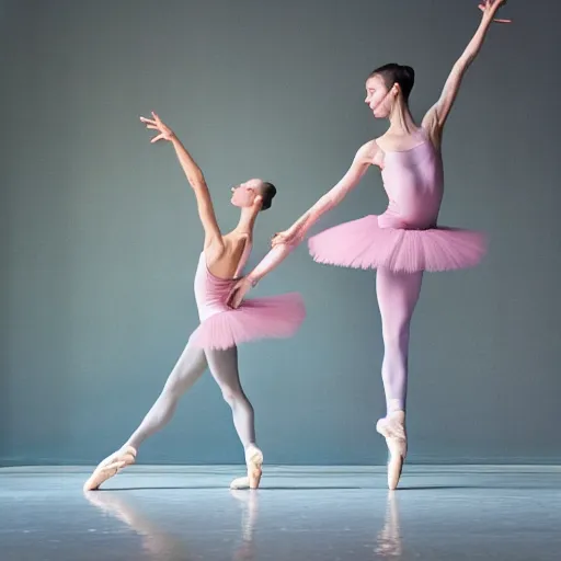 Prompt: two ballet dancers doing an extreme stretch, dance photography, pastel colors palette, anatomic photography, high detail, zoom in, foreshortening, natural light