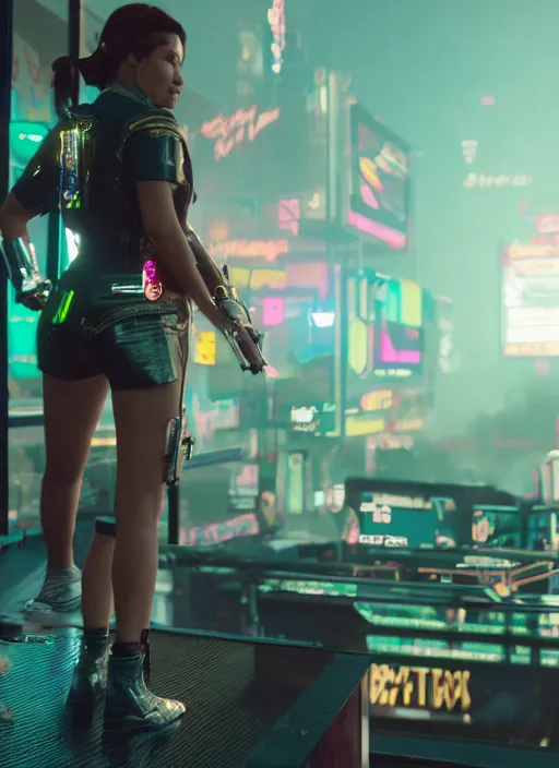 Prompt: film still of Kathryn Celestre as Panam Palmer in Cyberpunk 2077, gameplay, 8k, HD