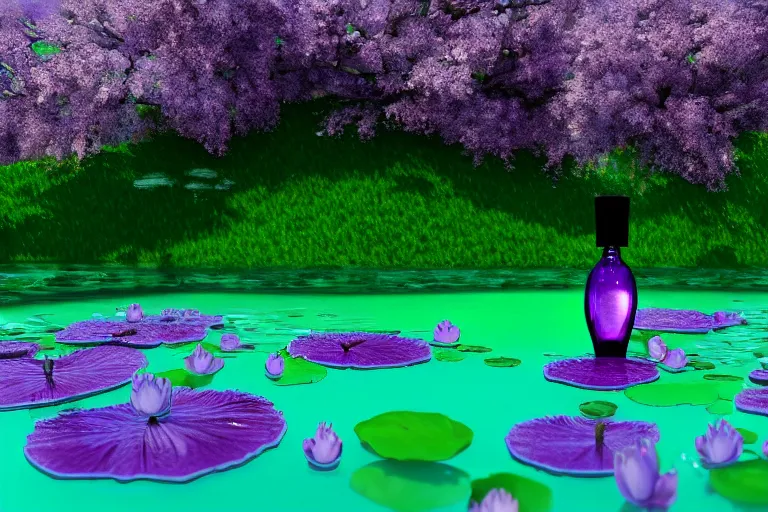 Prompt: perfume bottle standing on green lillypads in a cool blue frosted pond close shot, sharp focus, global illumination, dramatic, mid day, cherry blossom background, soft lilac skies, large scale, hyperrealistic, lots of detail, realistic lighting, octane render, by wlop, artgerm, trending on artstation