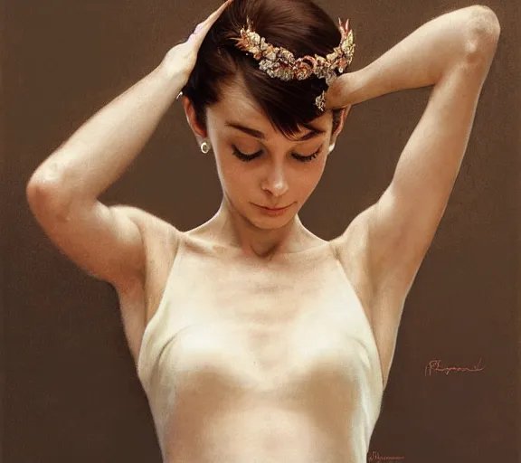 Image similar to photography audrey hepburn with hands - up and hairy armpits, deep focus, intricate, elegant, highly detailed, digital painting, artstation, concept art, matte, sharp focus, illustration, art by artgerm and greg rutkowski and alphonse mucha and gil elvgren