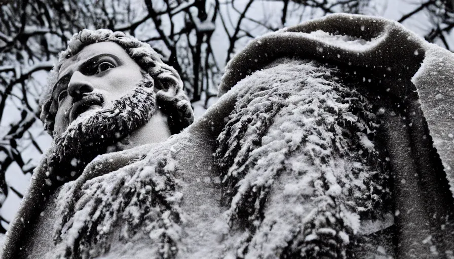 Prompt: 1 9 6 0 s movie still close up of marcus aurelius in toga frozen to death under the snow by the side of a river with gravel, pine forests, cinestill 8 0 0 t 3 5 mm, high quality, heavy grain, high detail, texture, dramatic light, anamorphic, hyperrealistic, detailed hair, foggy