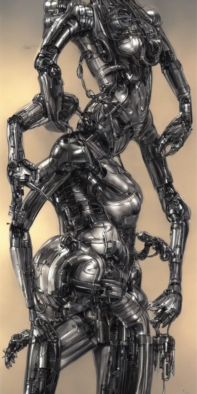 Prompt: beauty Blade Runner woman, robotic, cyberpunk, lots of cables and wiring, electrical details, trending on artstation, by Hajime Sorayama and Boris Vallejo