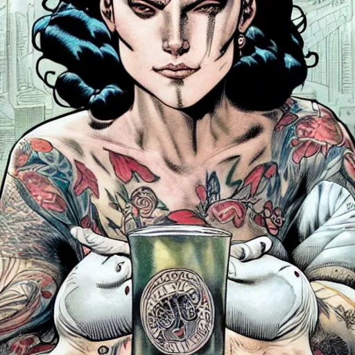 Image similar to a beautiful portrait of a heavily tattooed woman handing you a beer in Travis Charest style