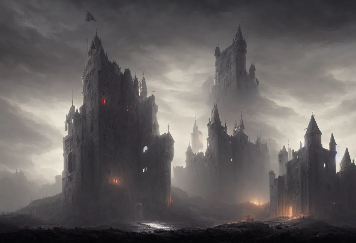 Image similar to castle with 3 0 years war, ultra high definition, ultra detailed, symmetry, fog, matte painting, by greg rutkowski and ross tran and wlop